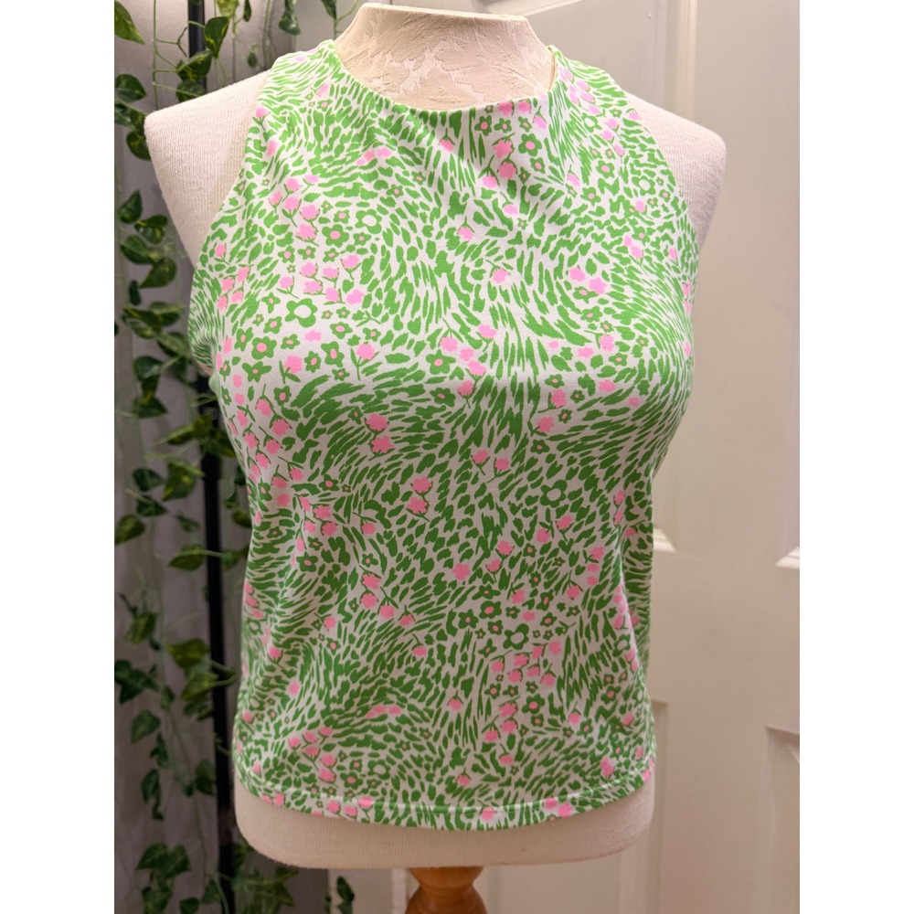 Fabletics Green Pink Floral Leopard Strappy Back Tank Top Built-in Bra L